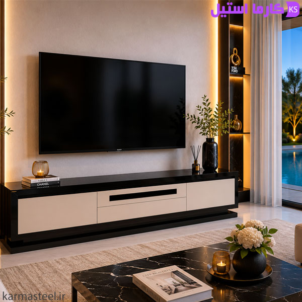 میز تلویزیون مدل 1030 در محیط خانه رنگ سفید مشکی
