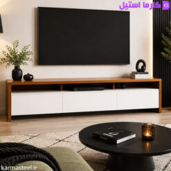 میز تلویزیون مدل درسا رنگ سفید و رنگ چوب در محیط خانه