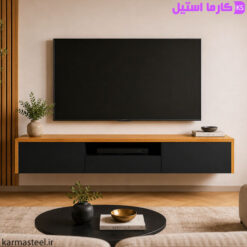 میز تلویزیون مدل T9 در نمای خانه به همراه خود تلویزیون
