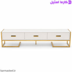 میز تلویزیون مدل هرمس رنگ سفید با استیل طلایی از نمای روبرو