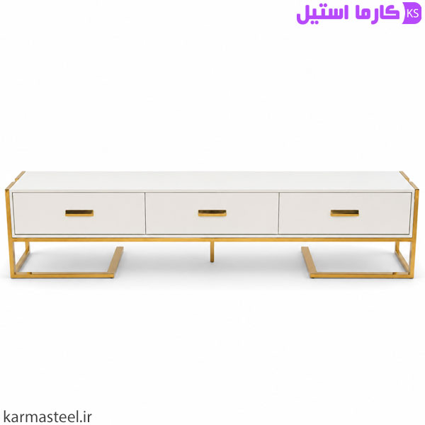 میز تلویزیون مدل هرمس رنگ سفید با استیل طلایی از نمای روبرو