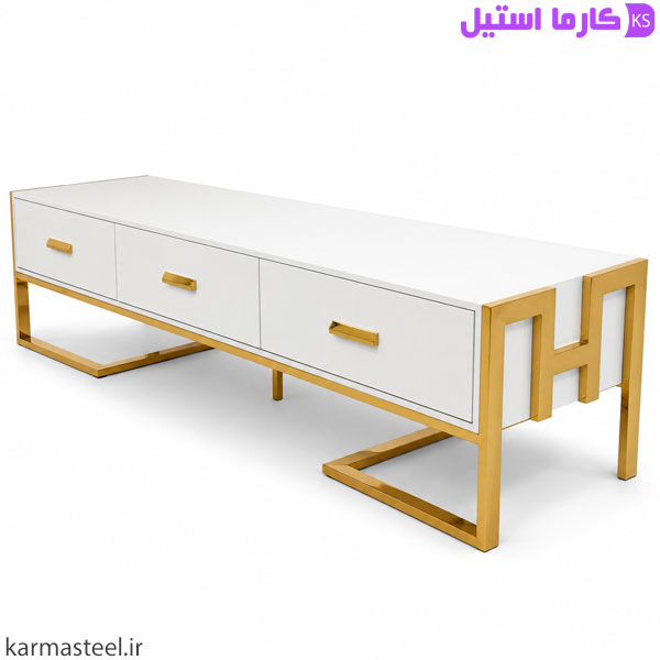 میز تلویزیون مدل هرمس رنگ سفید با استیل طلایی از نمای جهت راست