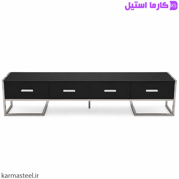 میز تلویزیون مدل هرمس رنگ مشکی با استیل نقره ایی از نمای روبرو