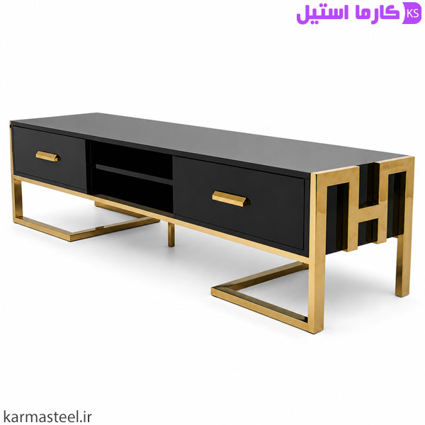 میز تلویزیون مدل هرمس رنگ مشکی با استیل طلایی از نمای جهت راست