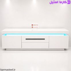 میز تلویزیون مدل نیوان سفید رنگ با نور مخفی آبی فیروزه ایی