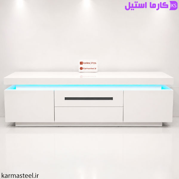 میز تلویزیون مدل نیوان سفید رنگ با نور مخفی آبی فیروزه ایی