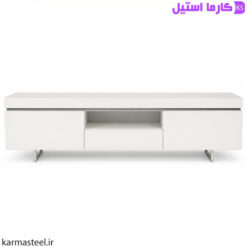 میز تلویزیون مدل شینا با هایگلاس سفید و استیل نقره ایی