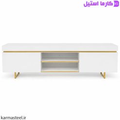 میز تلویزیون مدل شینا با هایگلاس سفید و استیل طلایی