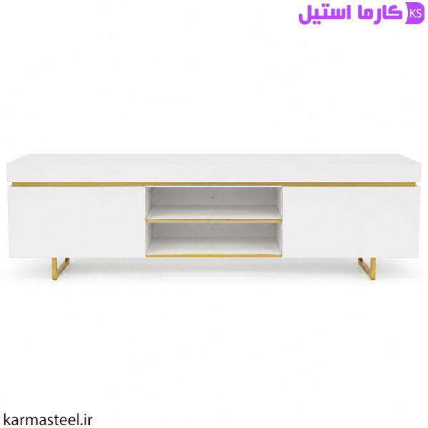 میز تلویزیون مدل شینا با هایگلاس سفید و استیل طلایی