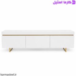 میز تلویزیون مدل شینا با هایگلاس سفید و استیل طلایی 02