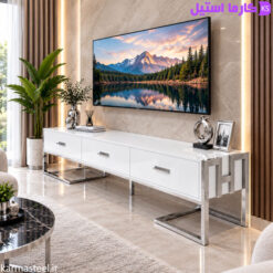 میز تلویزیون مدل هرمس هایگلاس سفید پایه استیل نقره ایی