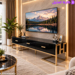 میز تلویزیون مدل هرمس هایگلاس مشکی پایه استیل طلایی