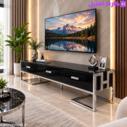 میز تلویزیون مدل هرمس هایگلاس مشکی پایه استیل نقره ایی